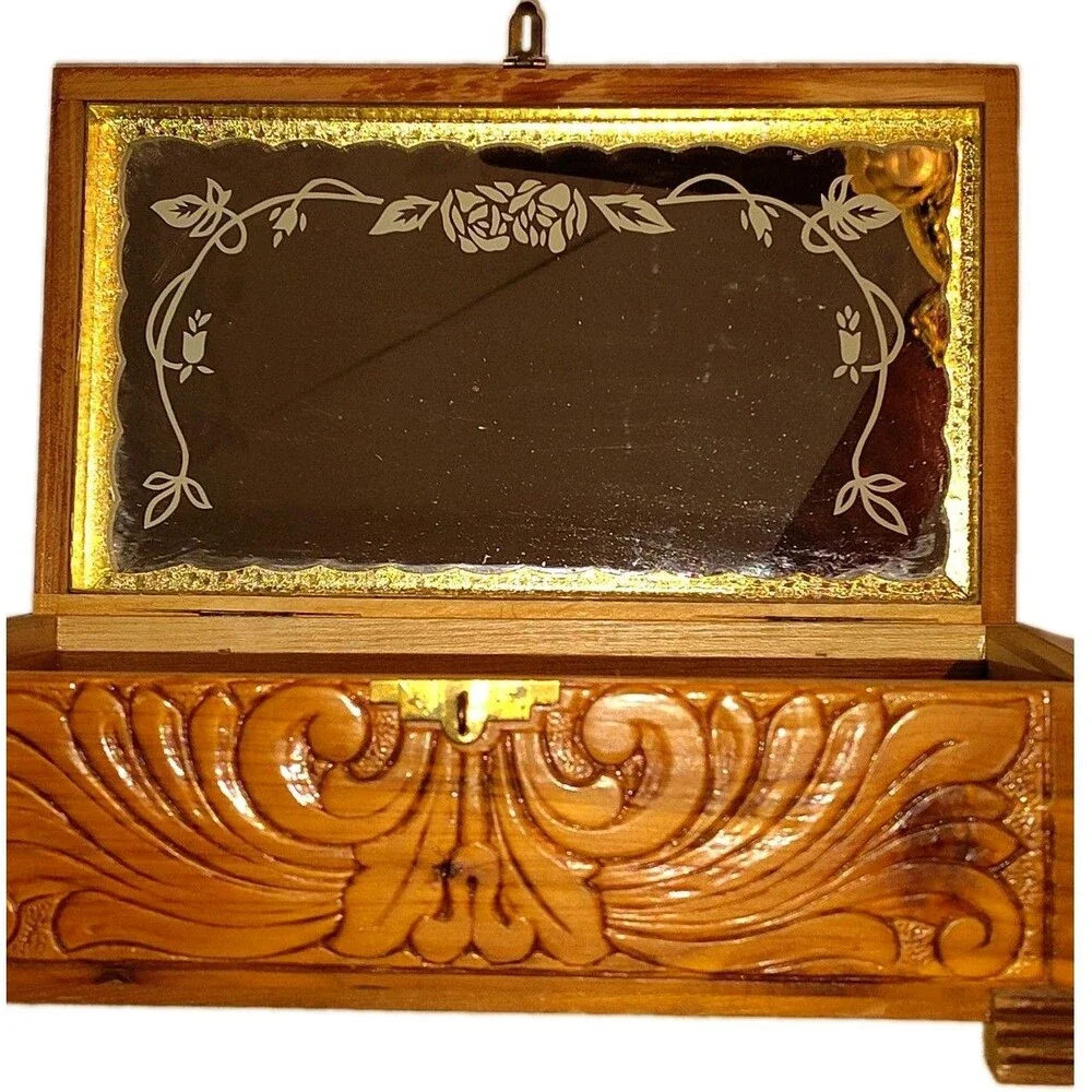 Vintage Mid-Century Carved Cedar Jewelry Box with Cottage Scene Interior Mirror